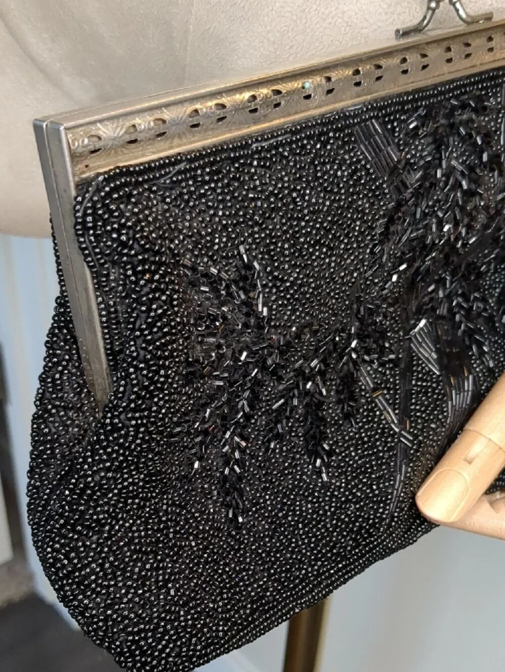 Vintage 50s Hand Beaded Black Evening Bag Clutch Silver Frame Purse Mid Century